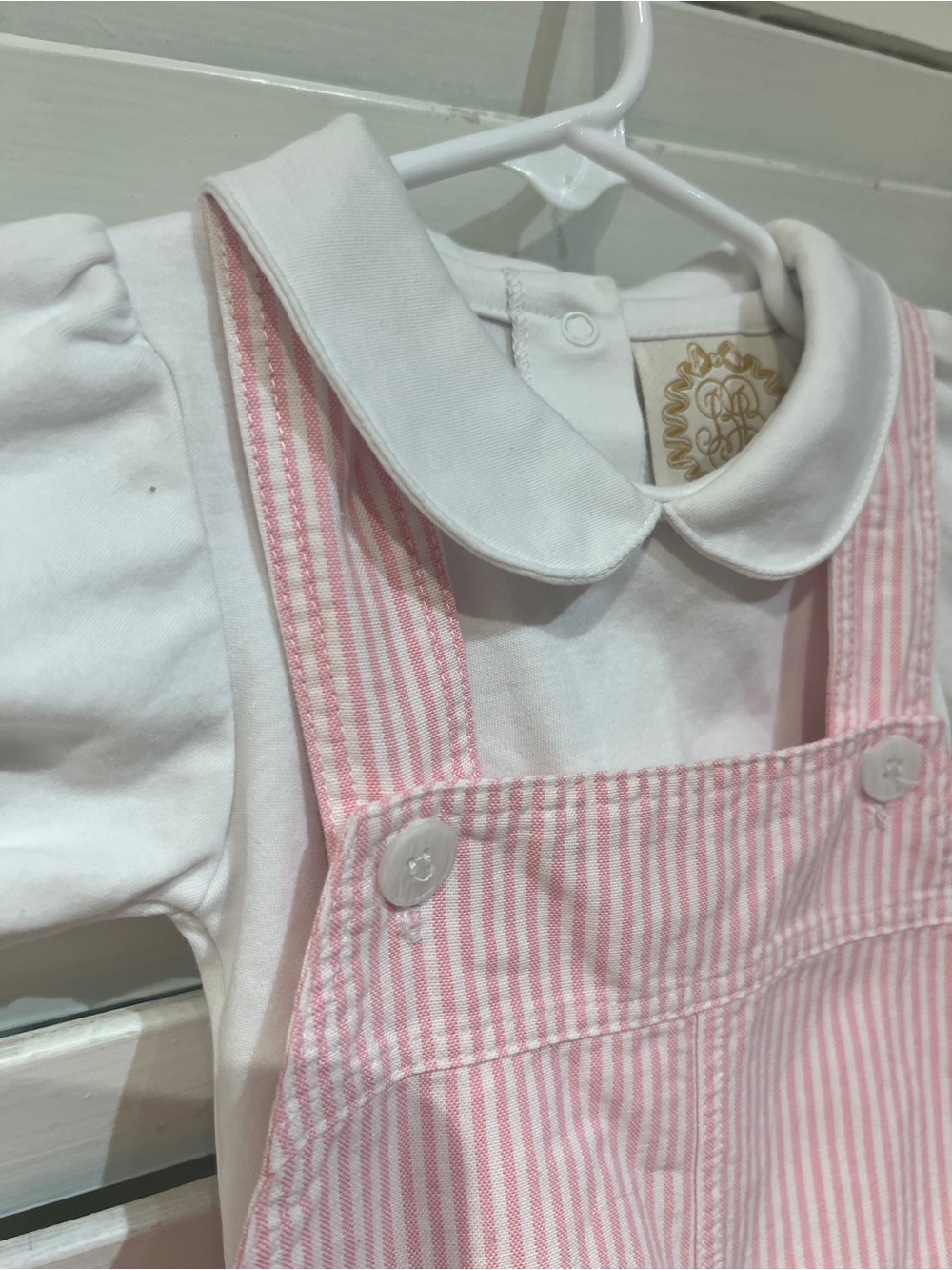 The Beaufort Bonnet Company Pink Striped Overalls with White Puff Sleeve Top - Picture 6 of 9